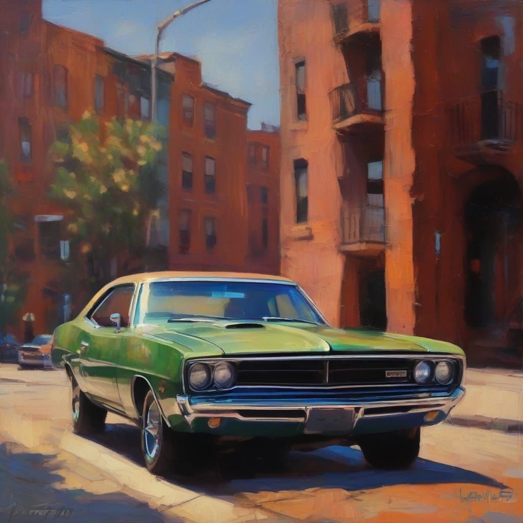 Classic Dodge Muscle Car in Vibrant Impasto Oil Painting