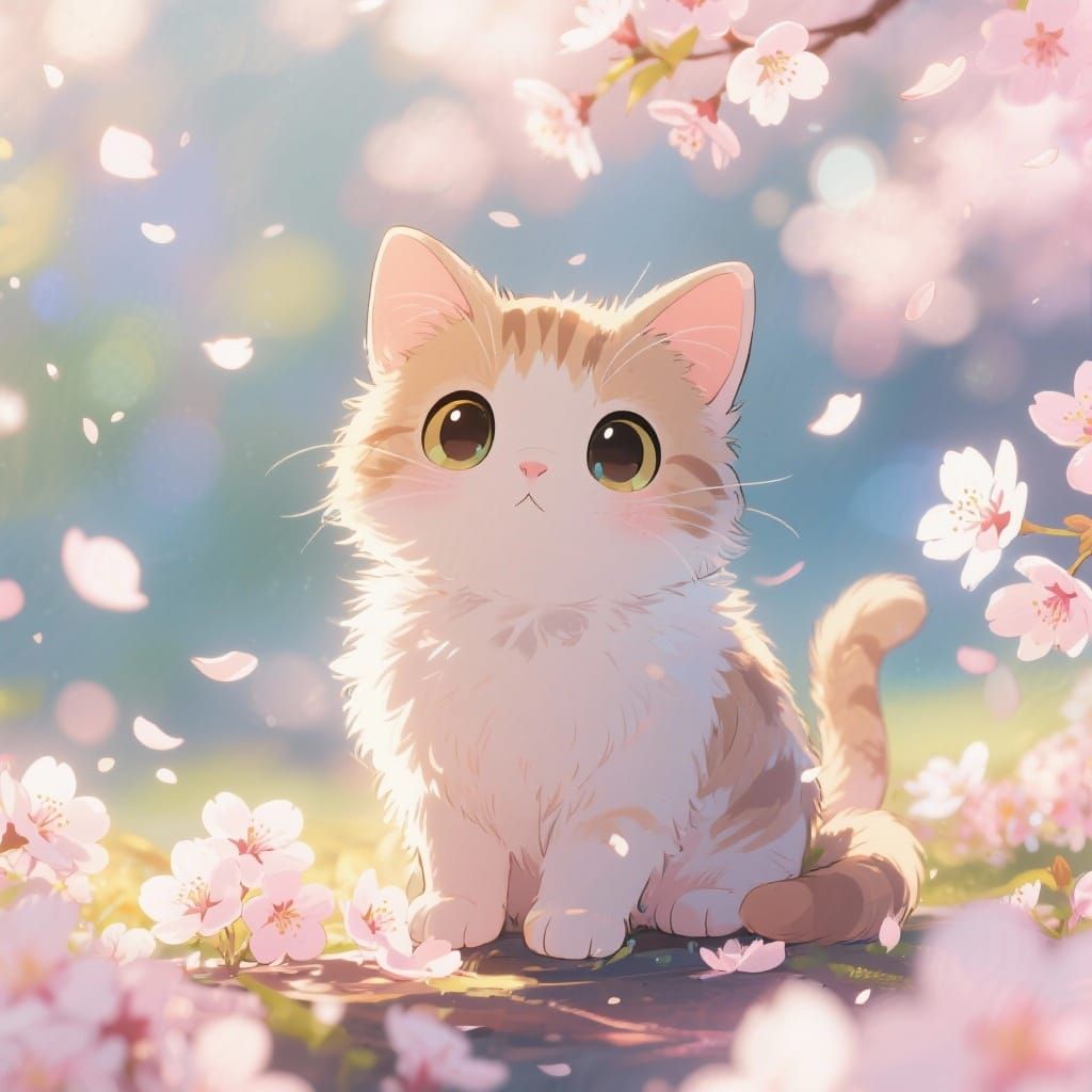 Cute Anime Kitten in Cherry Blossom Shower