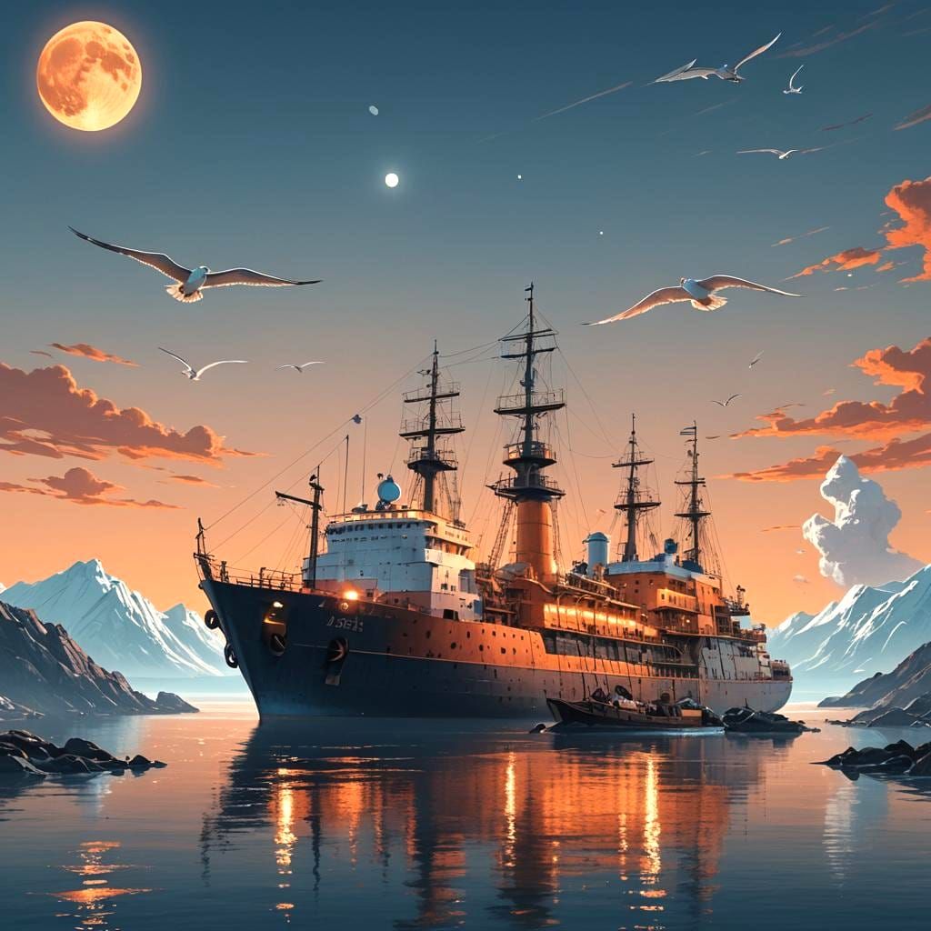 Surreal Ship Above White Hills in Dreamlike Ocean
