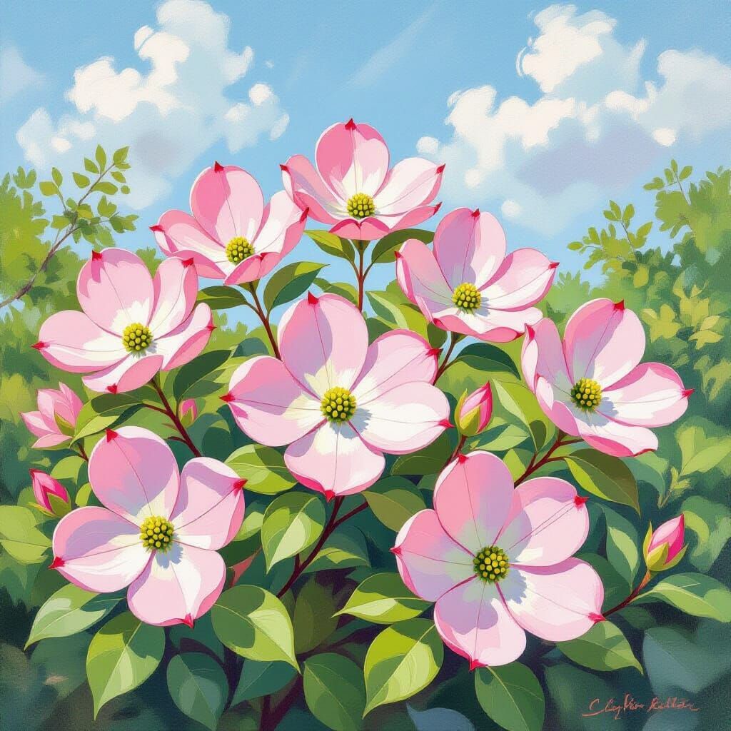 Dogwood Flowers in Impressionist Watercolor Garden