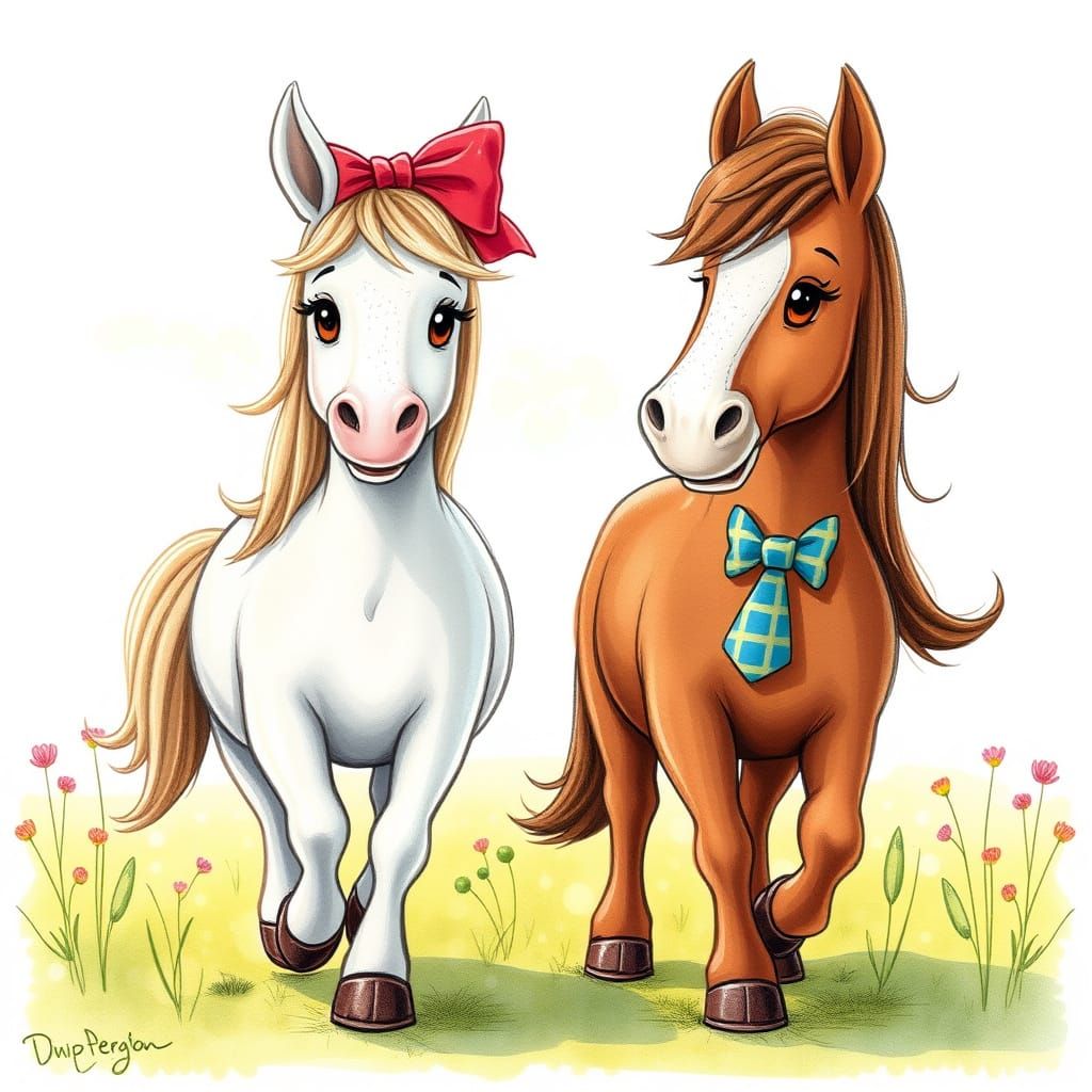 Whimsical Cartoon Ponies in a Sunny Meadow