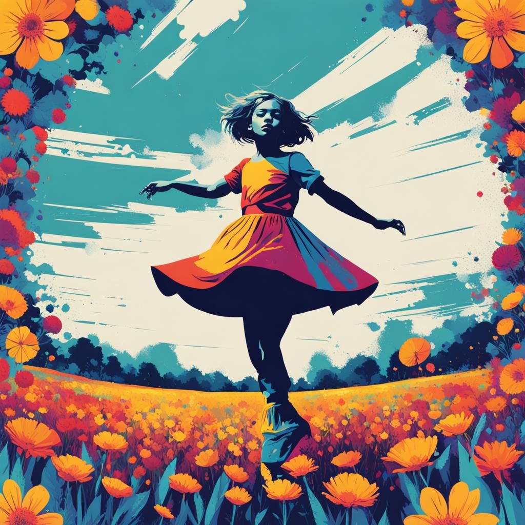 Girl Dancing in Flower Field, Pop Art Screen Print