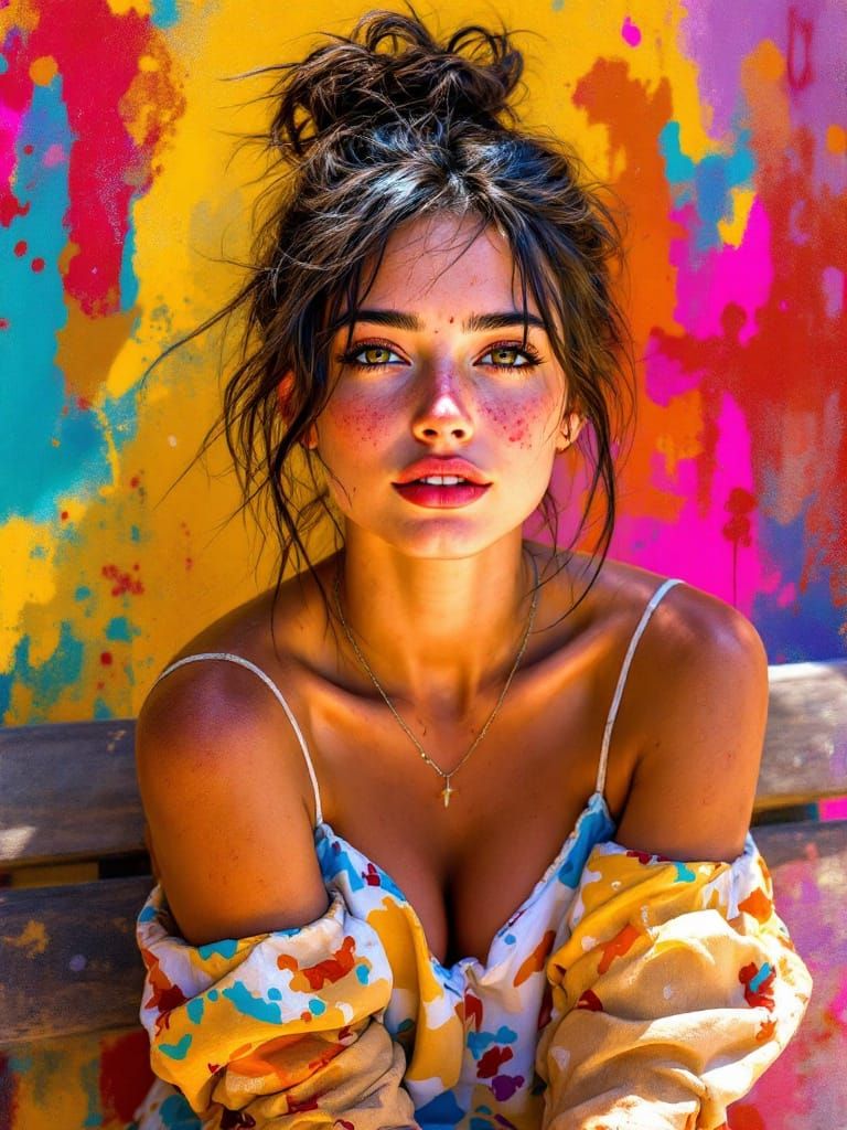 Young Woman in Sunlit Courtyard, Oil Paint Style