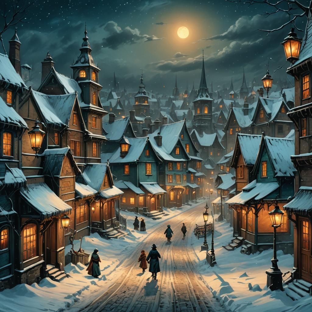 Victorian Winter Village at Night: A Nostalgic Scene