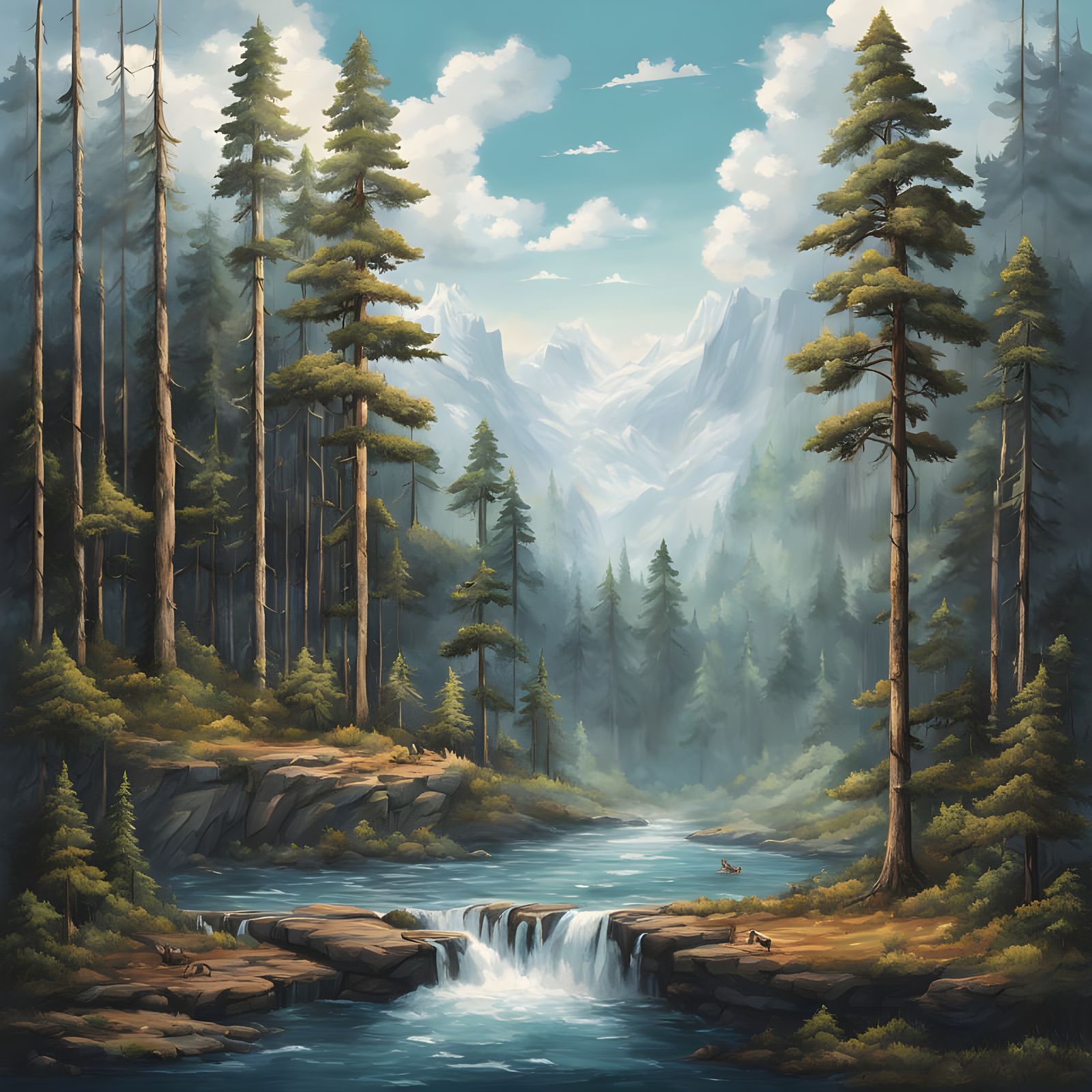 Majestic Pine Forest Above Clouds With Wildlife