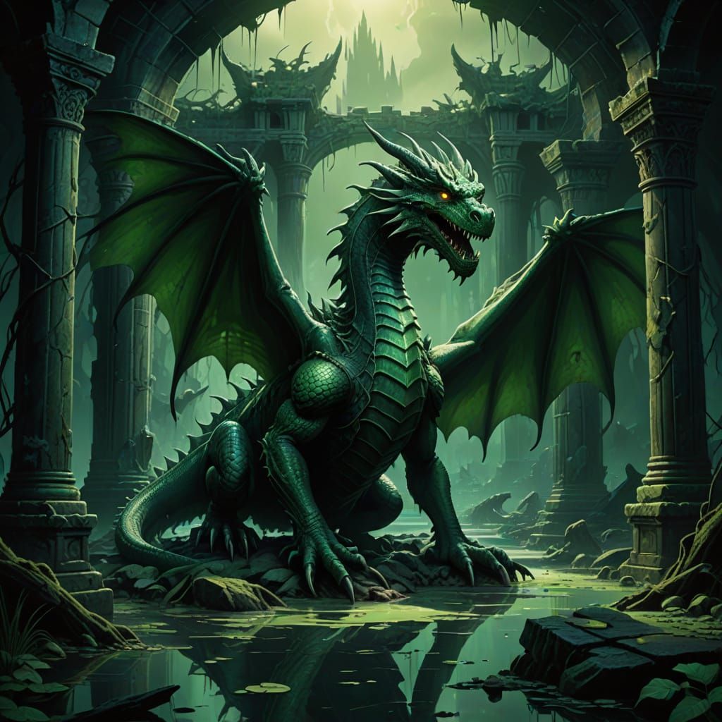 Majestic Green Dragon in Ancient Swamp Ruin