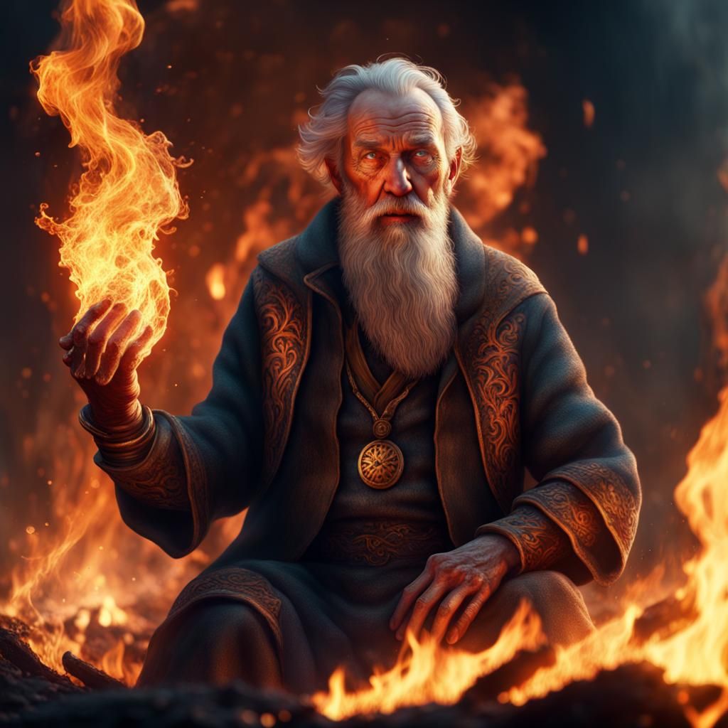 Old Man Ablaze: Detailed Fantasy Art