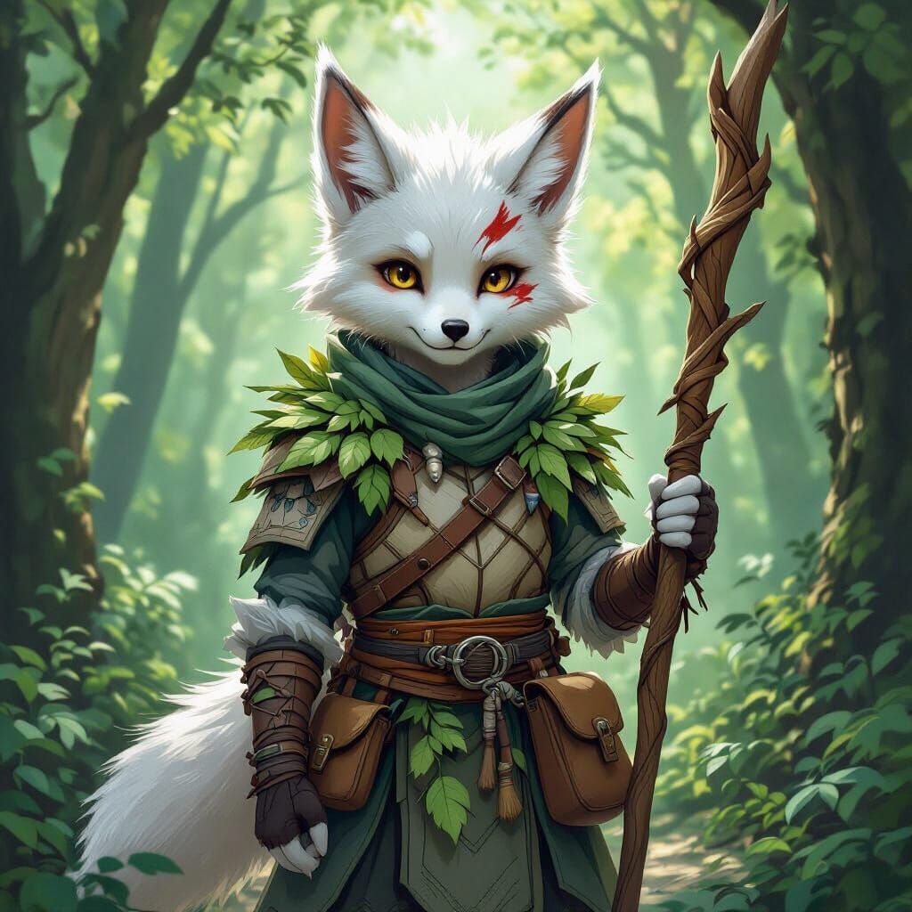 Kitsune Druid in Forest, Detailed Fantasy Art