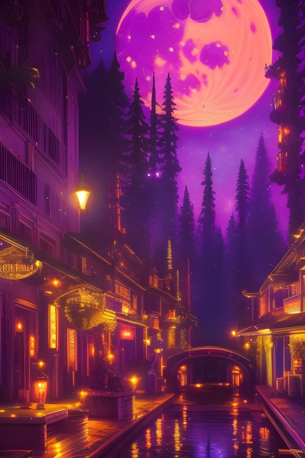 Cyberpunk Moonlit Night Landscape: Photorealistic Art Deco
