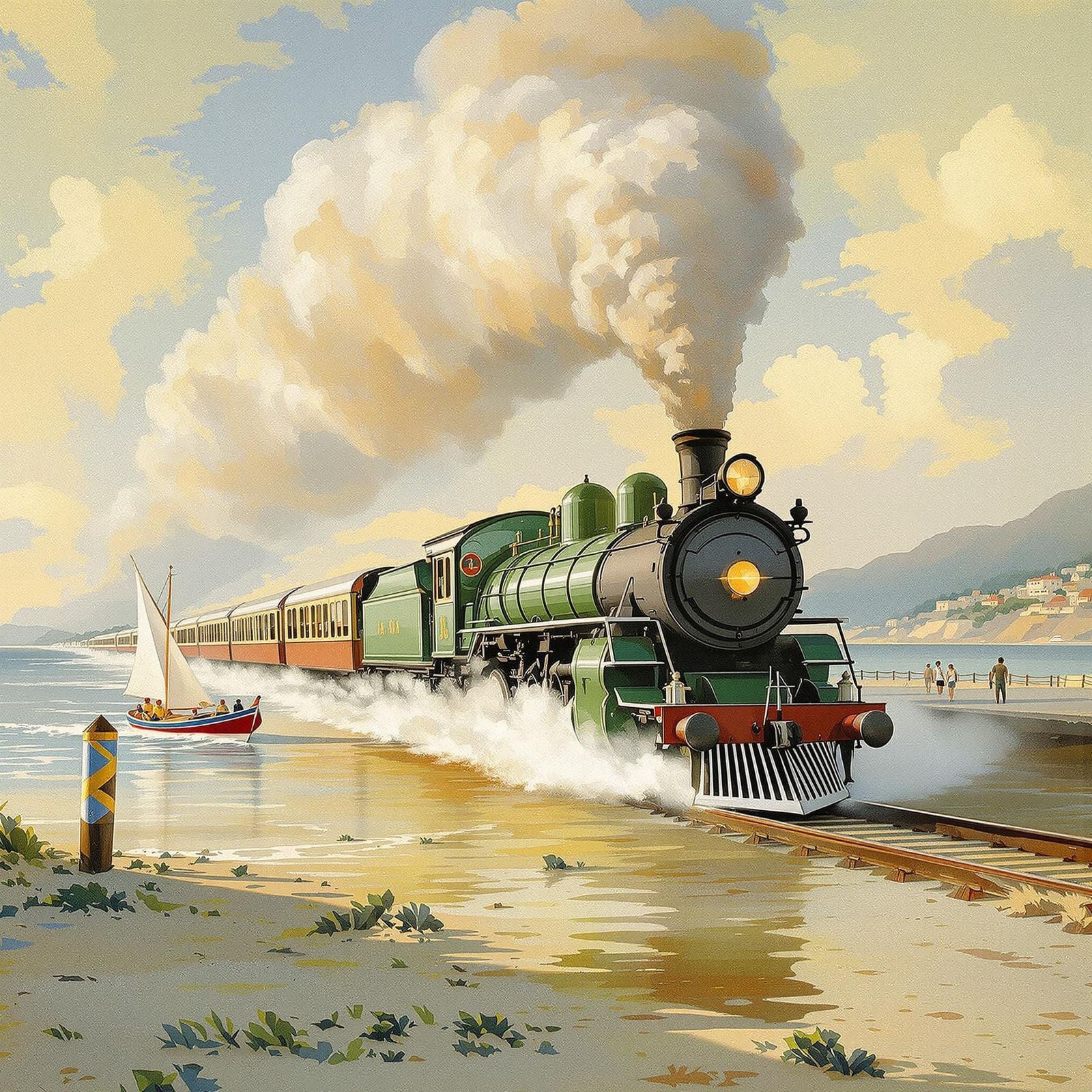 Vintage Train Races Sailboat: Gouache and Watercolor