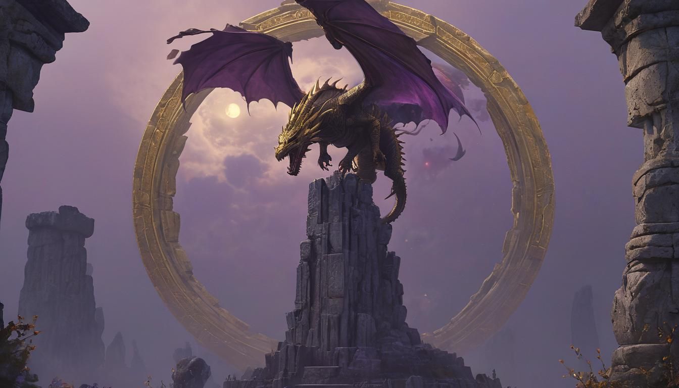 Luck Dragon Soaring Above Stonehenge in Art Nouveau Style