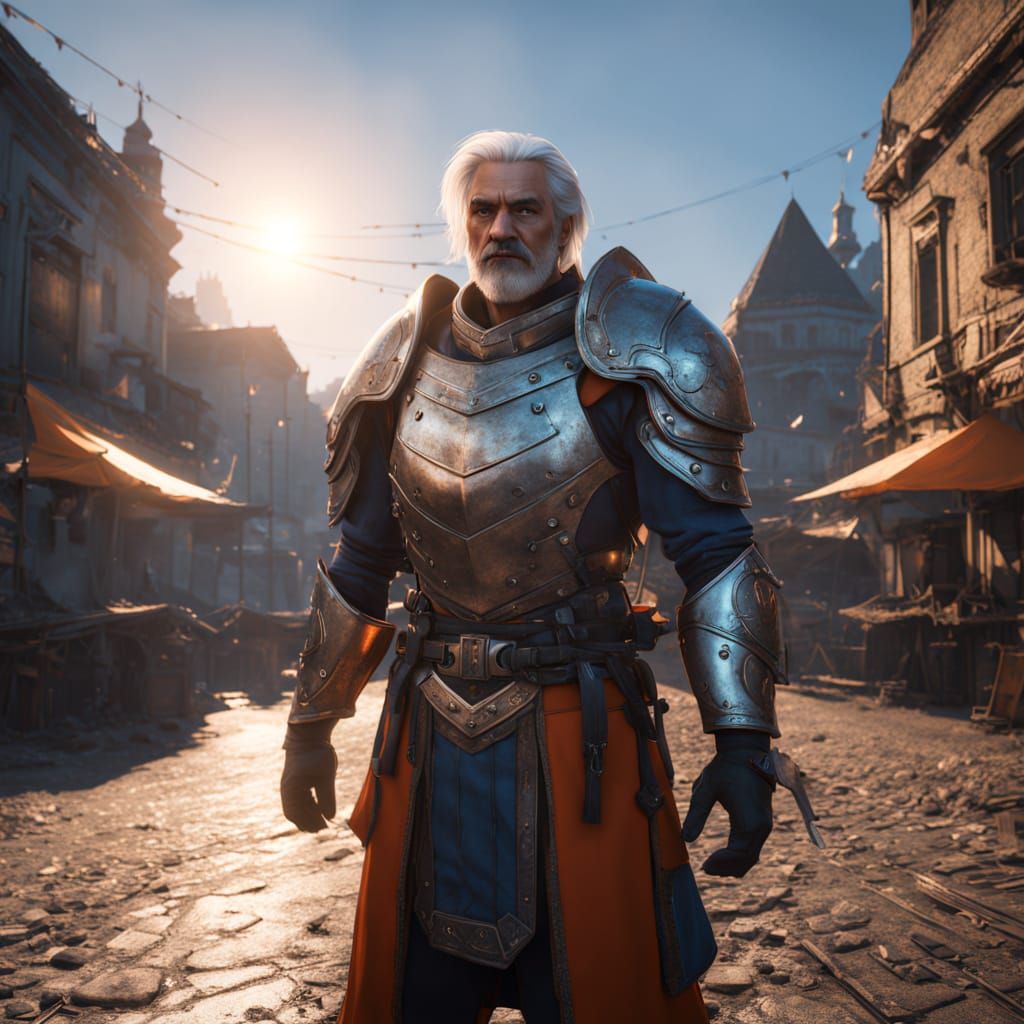 Heroic Figure in Vibrant Town Square