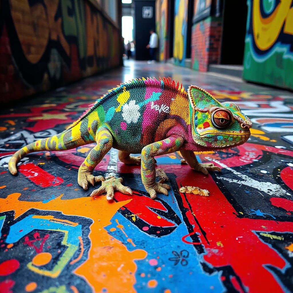 Chameleon With Living Street Art Skin on Graffiti Floor