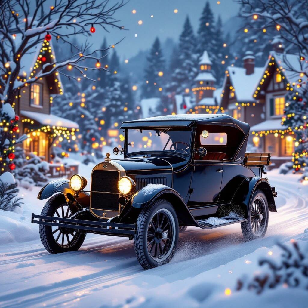 Vintage Model T Ford in Snowy Christmas Landscape