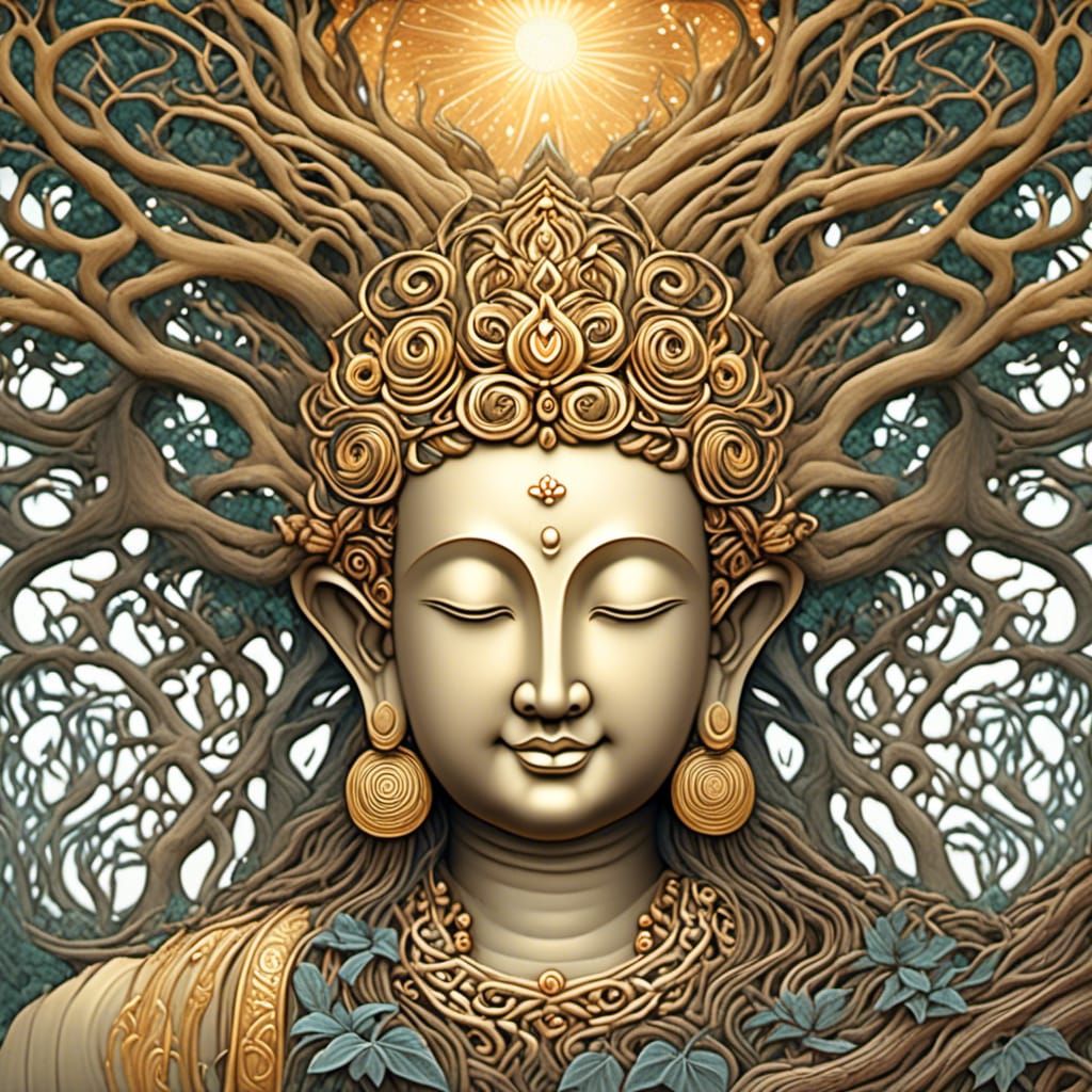 A detailed portrait of Happy Buddha, a golden halo surrounds the Buddha's body as he rests under a very old Banyan Tree ...