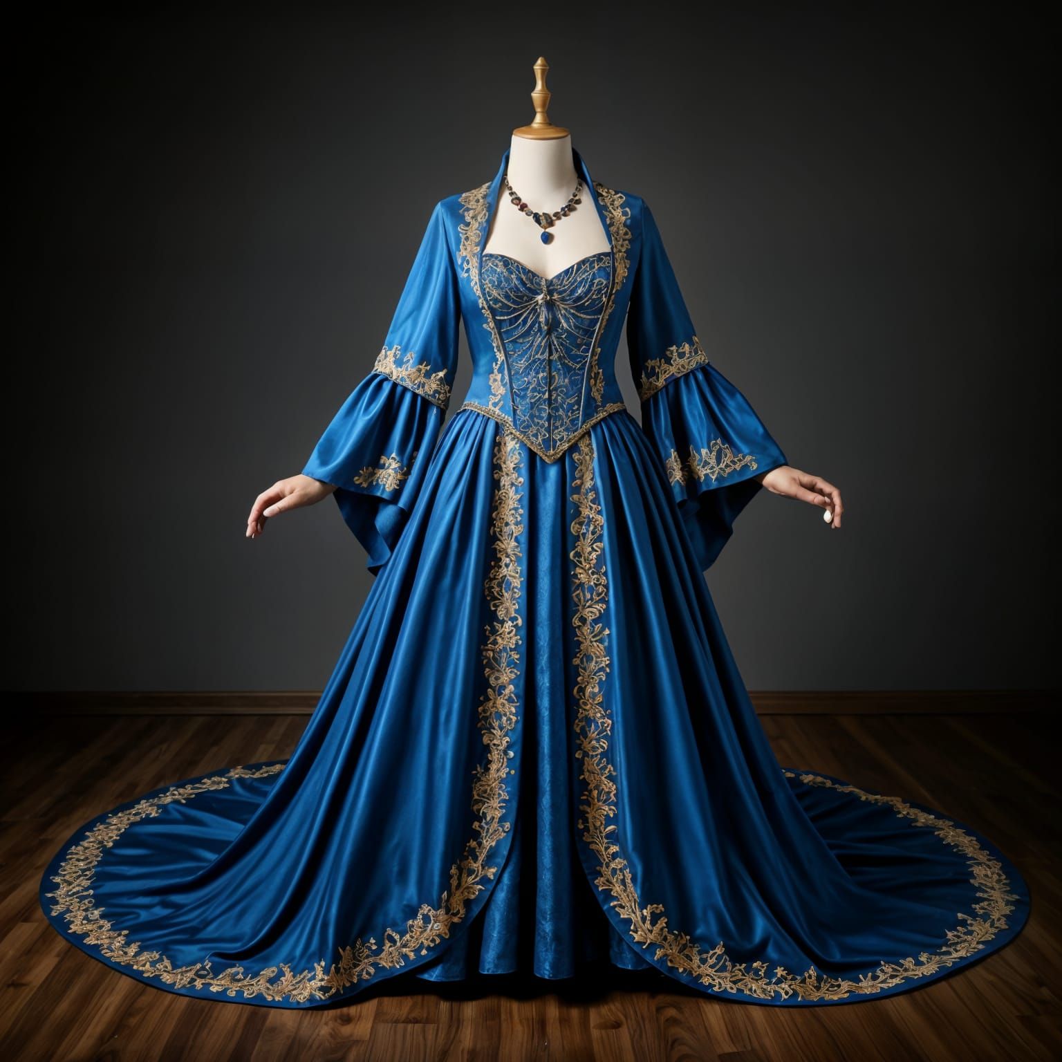 Regal Fantasy Gown in Sapphire Blue with Golden Embroidery