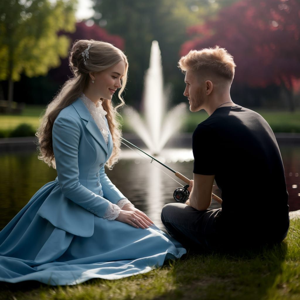 Romantic Victorian-Era Couple Surrounded by Serene Nature