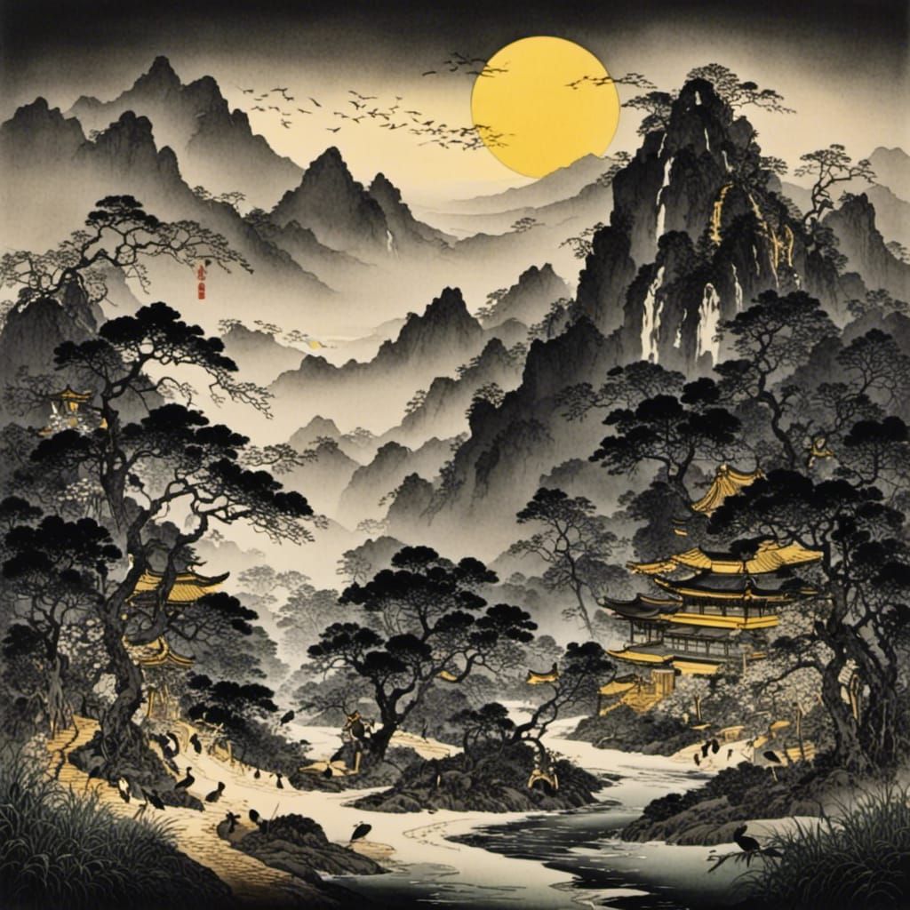 Floral Design in Japanese Woodblock Print Style