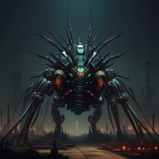 Cybernetic Ant Queen Amidst Dark Industrial Ruins