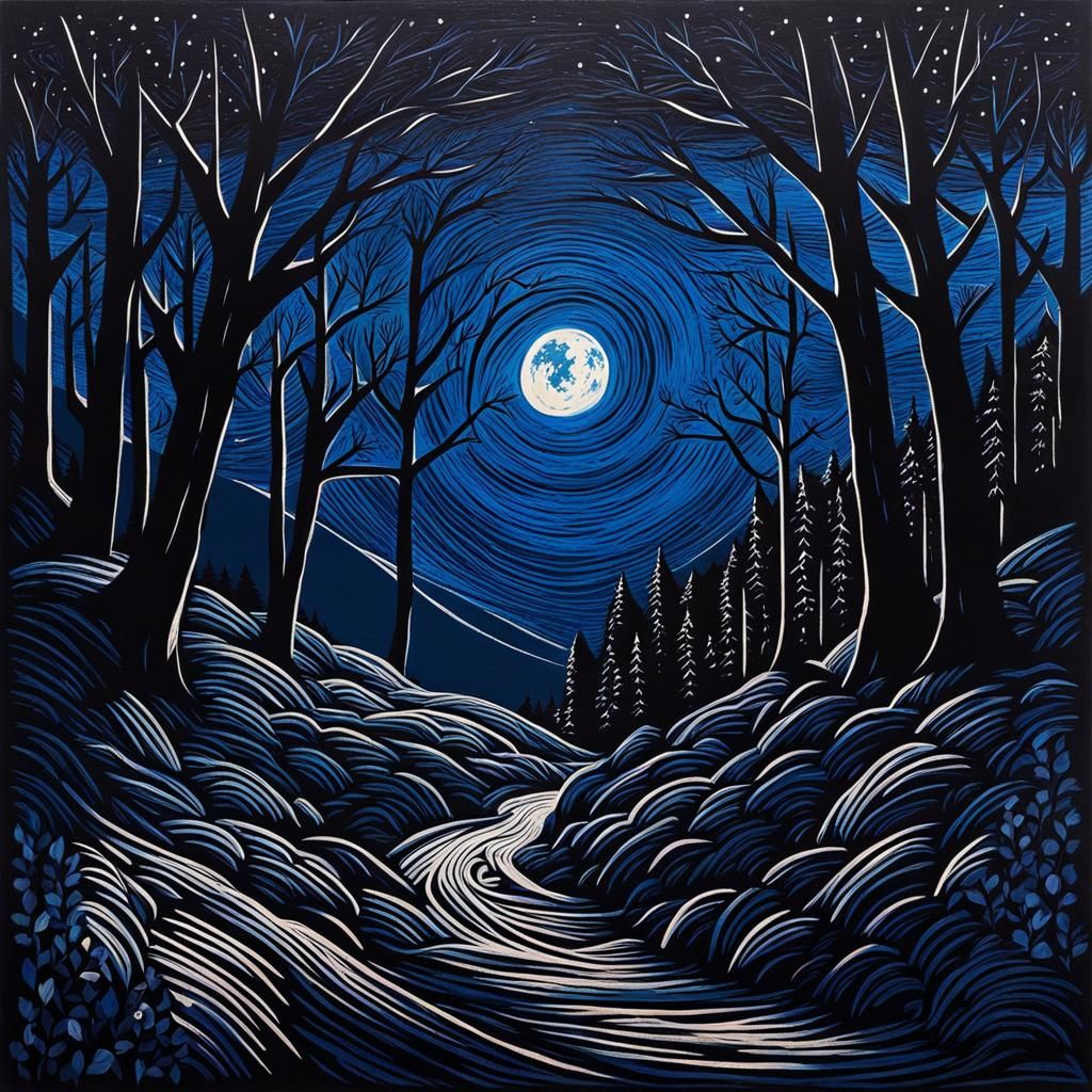 Cold Dark Night: Acrylic Woodcut Art