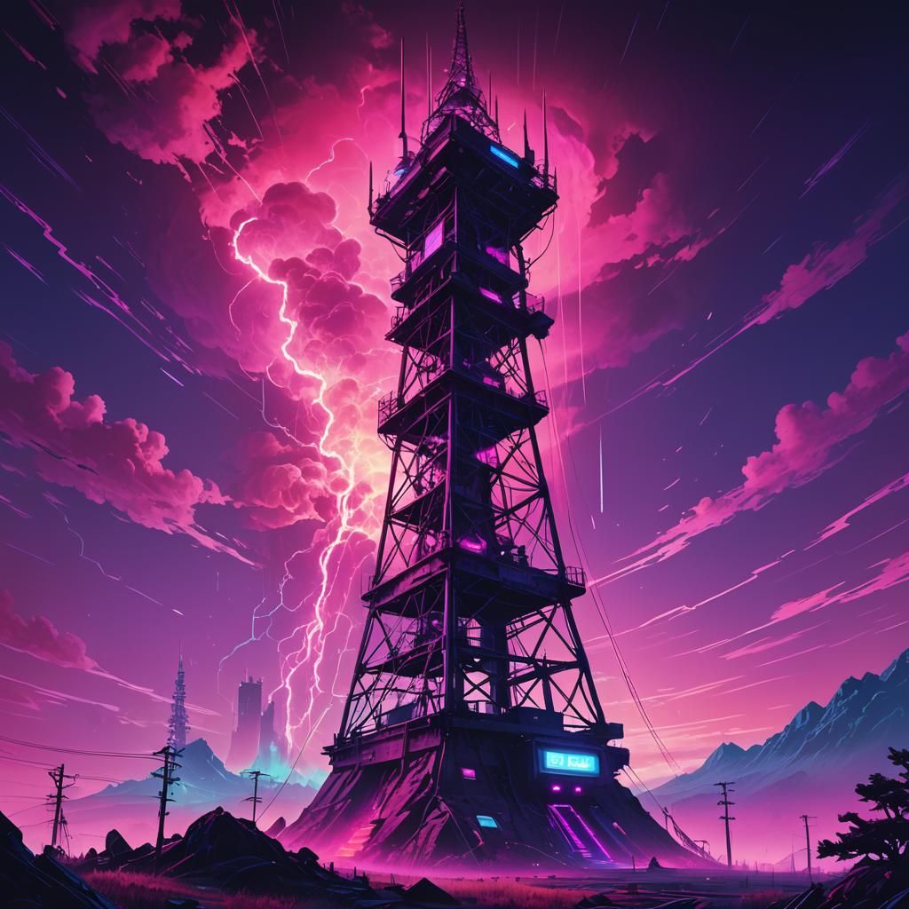 Synthwave Radio Tower on Mountain in Cyberpunk Style