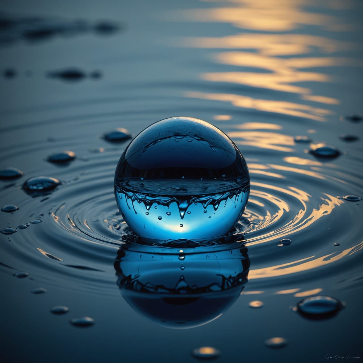 Golden Tear of Sorrow in a Melancholic Blue Haze