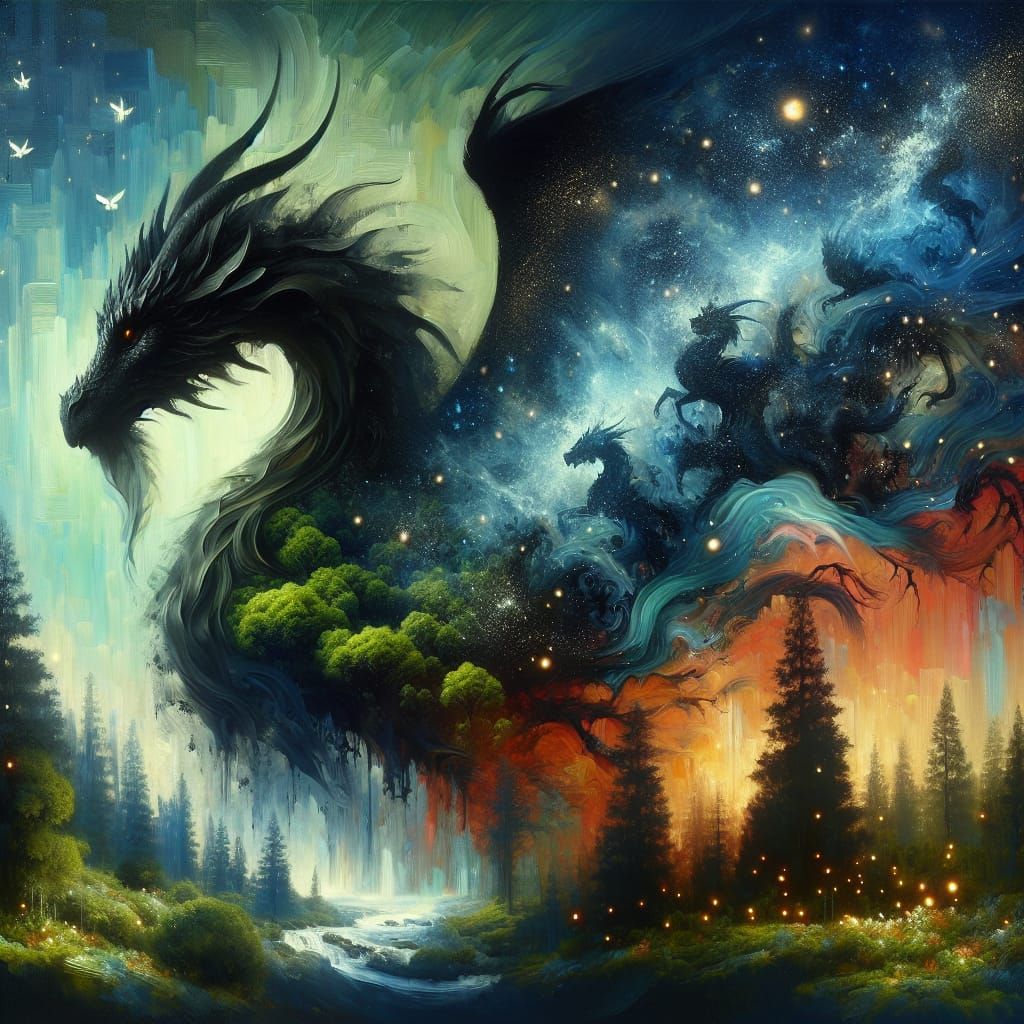 Surrealistic Dragon Dances with Fantasy Forest