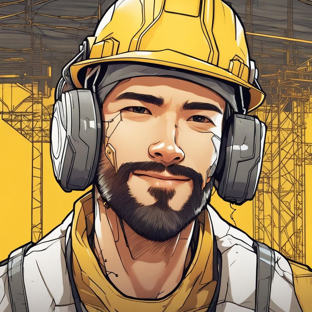 Cybernetic Anime Man in Cyberpunk Construction Site