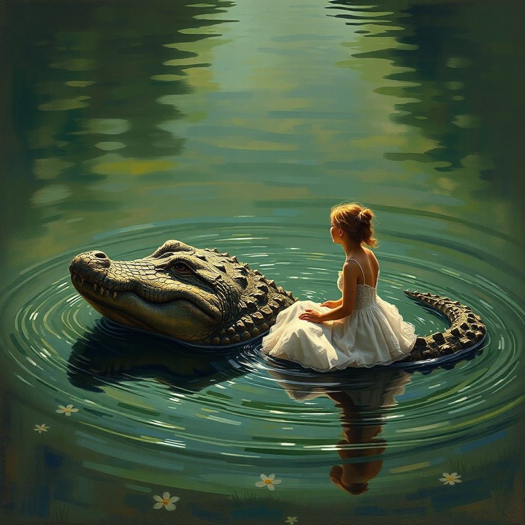 Woman Confronts Crocodile: Impressionistic Cubist Dream