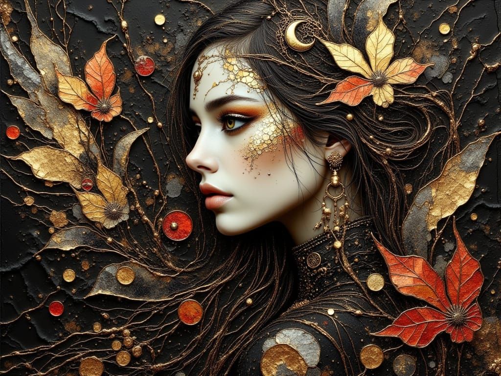 Woman Portrait with Cloisonné and Moon Jewelry