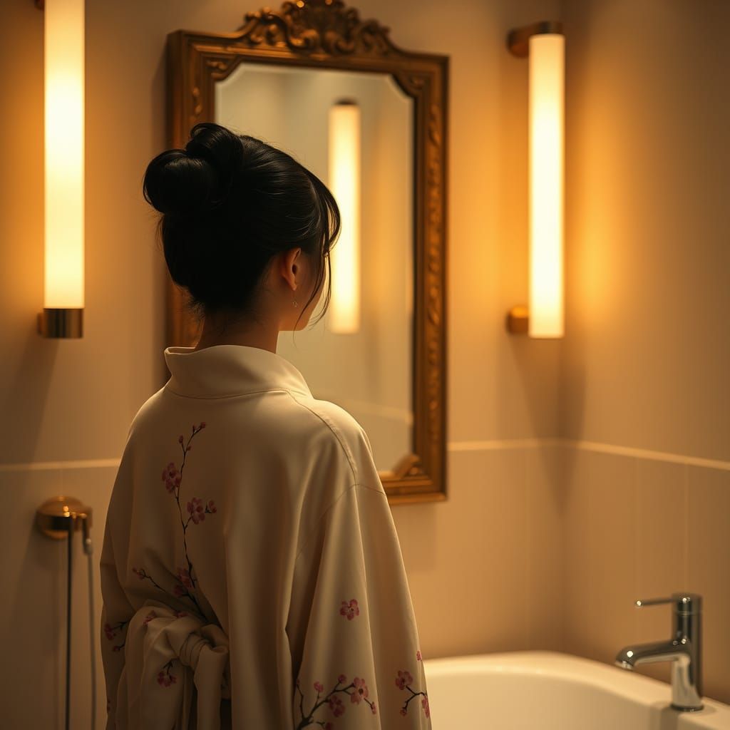 Japanese Girl in Tranquil Bathroom, Soft Yukata, Cherry Blos...