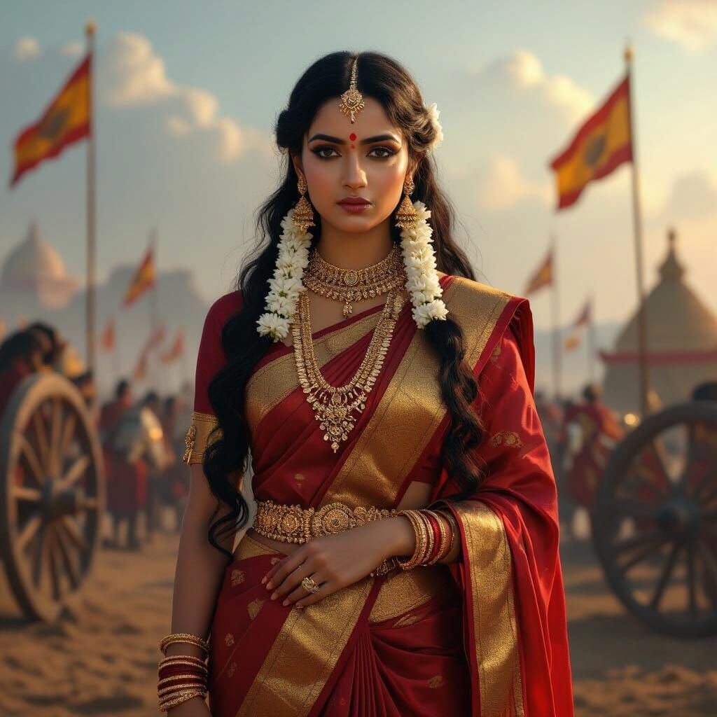Draupadi at Kurukshetra Battlefield in Raja Ravi Varma Style