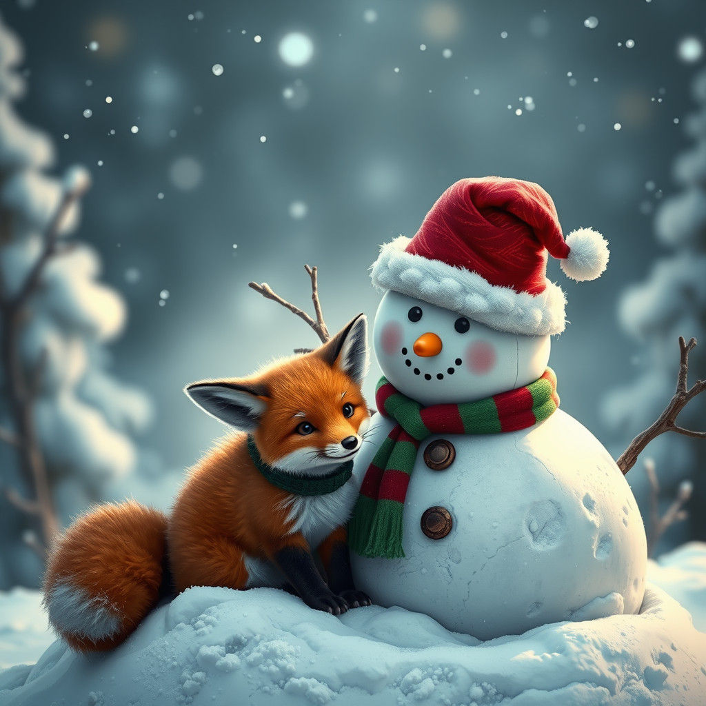 Festive Fox and Snowman Fantasy Art