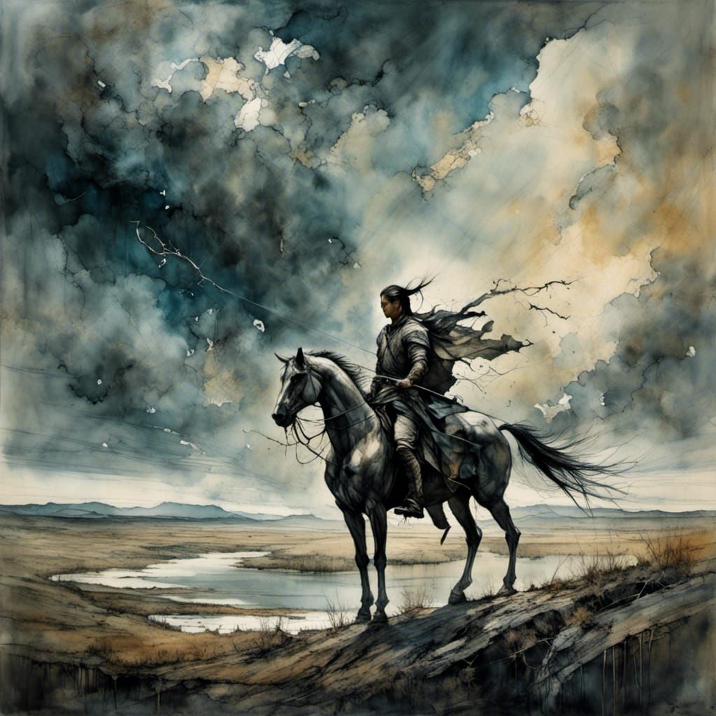 Mongolian Horseman with Bow and Arrow on White Horse