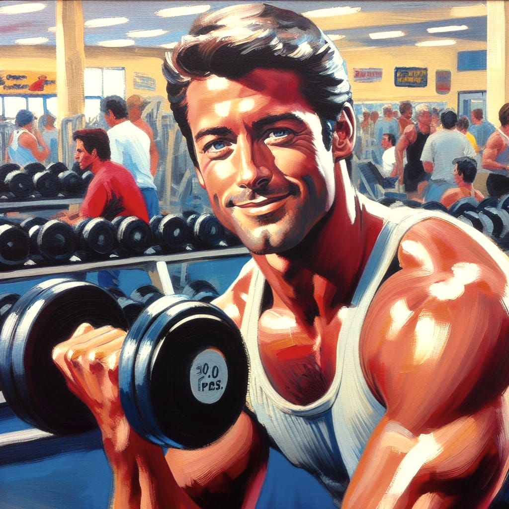 Man Lifting Weights: Gouache Painting of Gym Scene