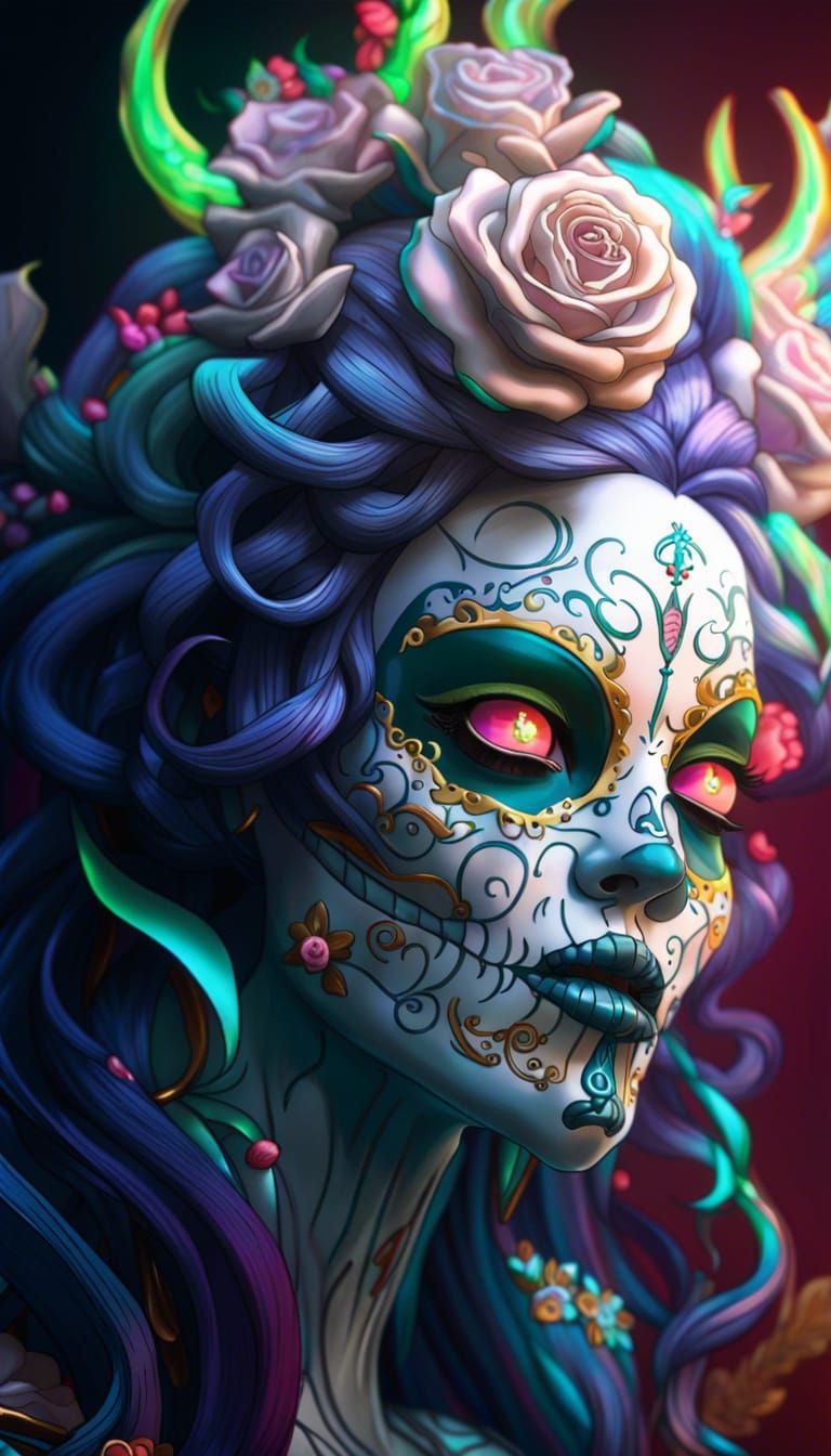 Day of the Dead Medusa in Japanese Art Style