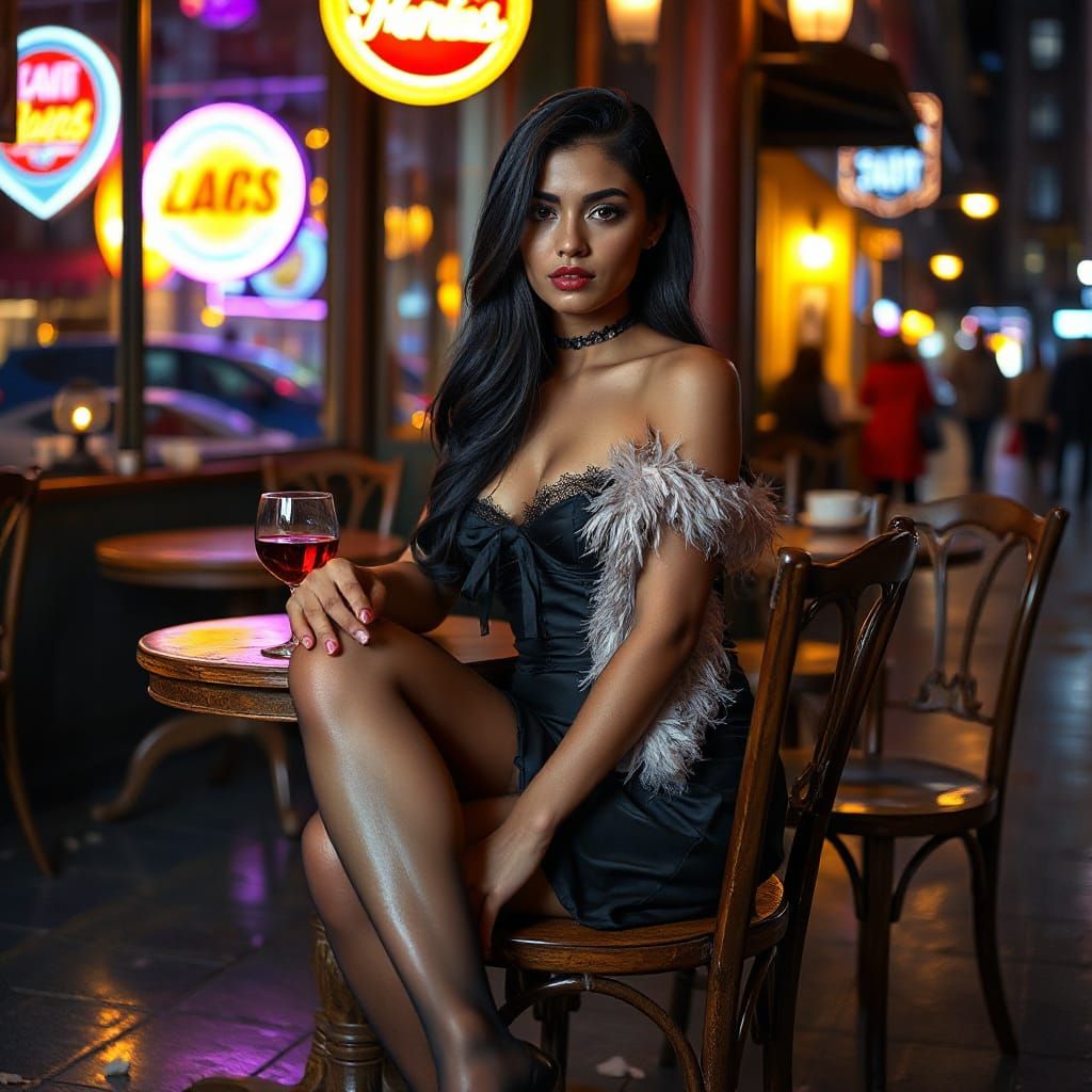 Latina in Paris Cafe with Feather Boa