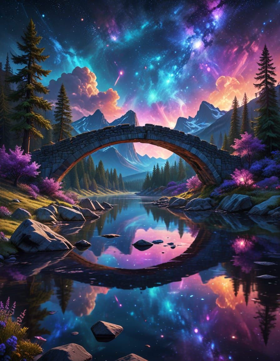 Ancient Bridge Over Glowing River Under Cosmic Skies