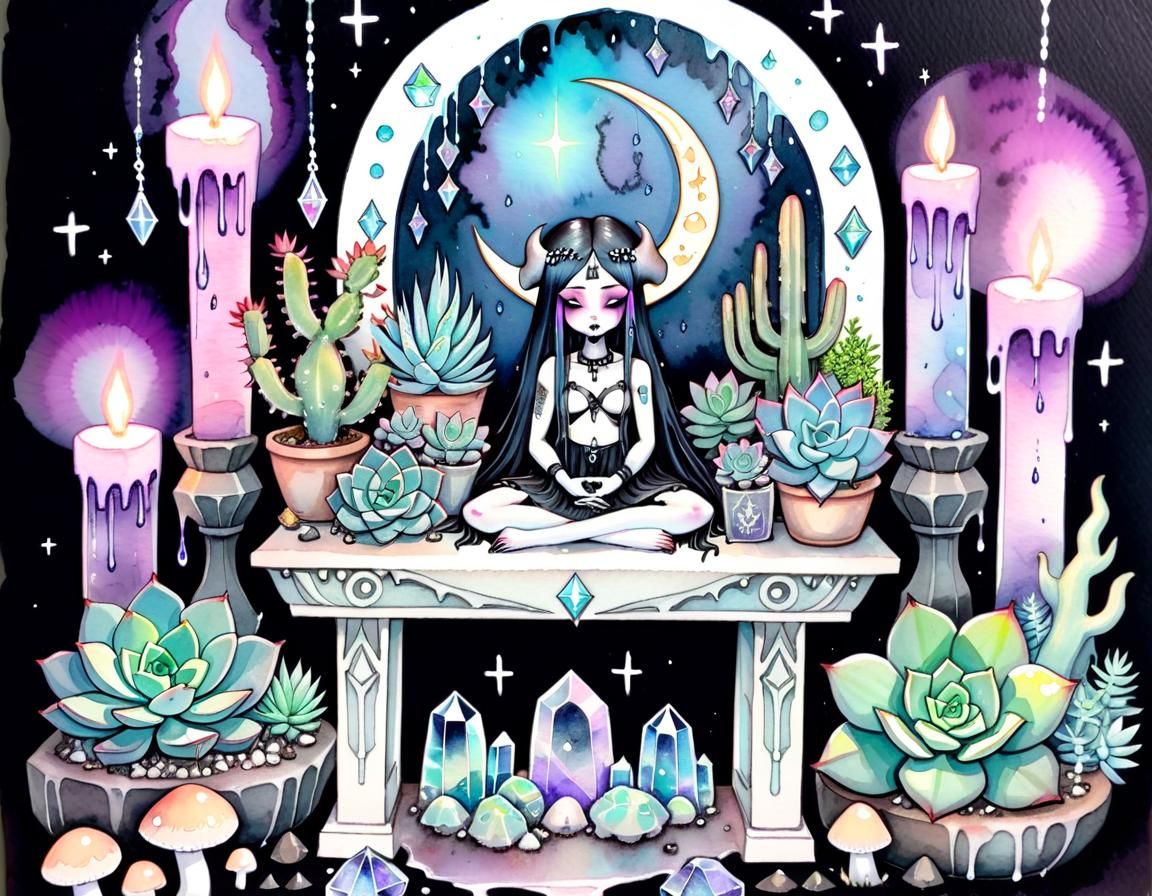 Goddess Altar with Succulents in Watercolour Pastel Goth Sty...