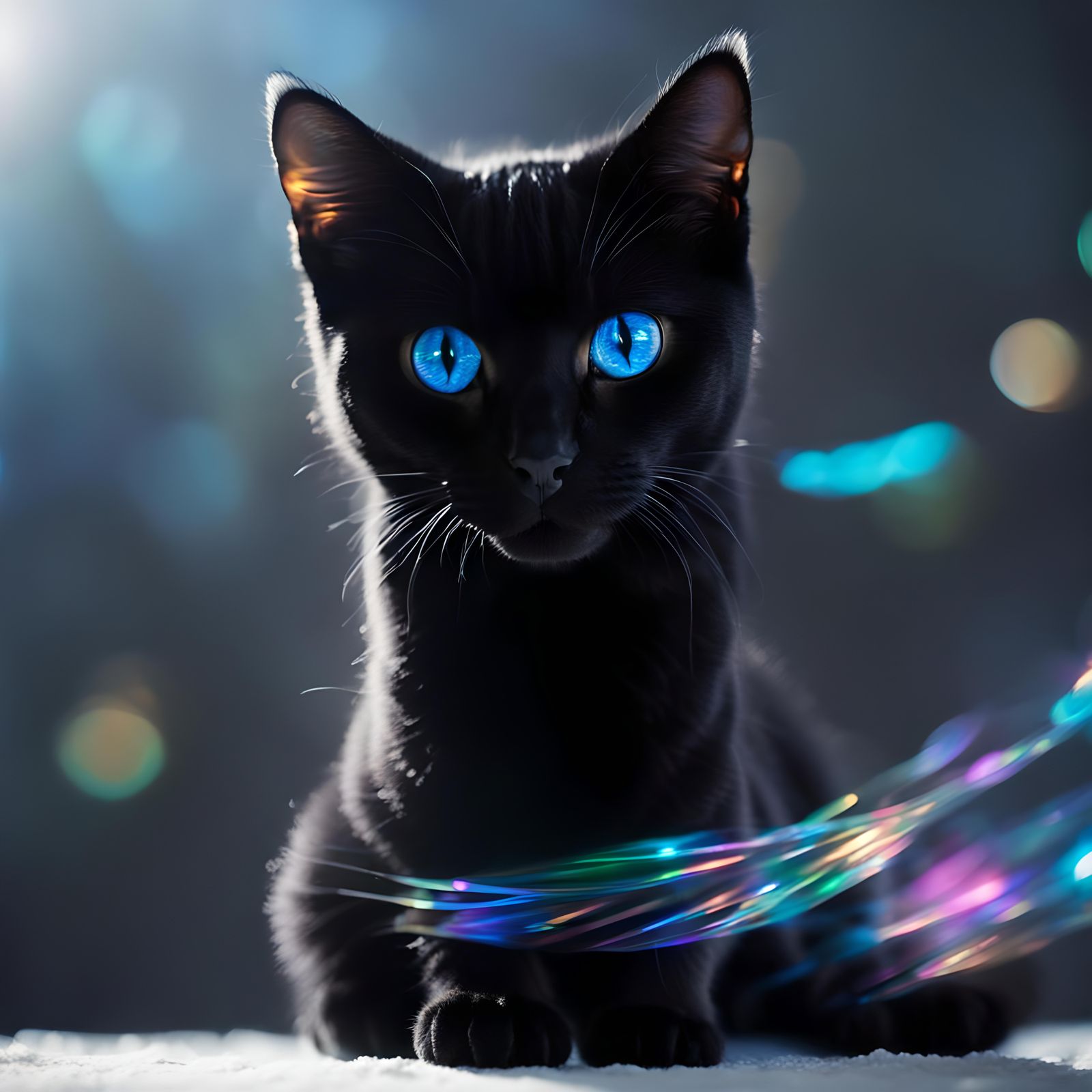Adorable black cat with blue eyes& realistic vibes& adorable vibes& beautiful vibes& multi chromatic vibes& holographic ...
