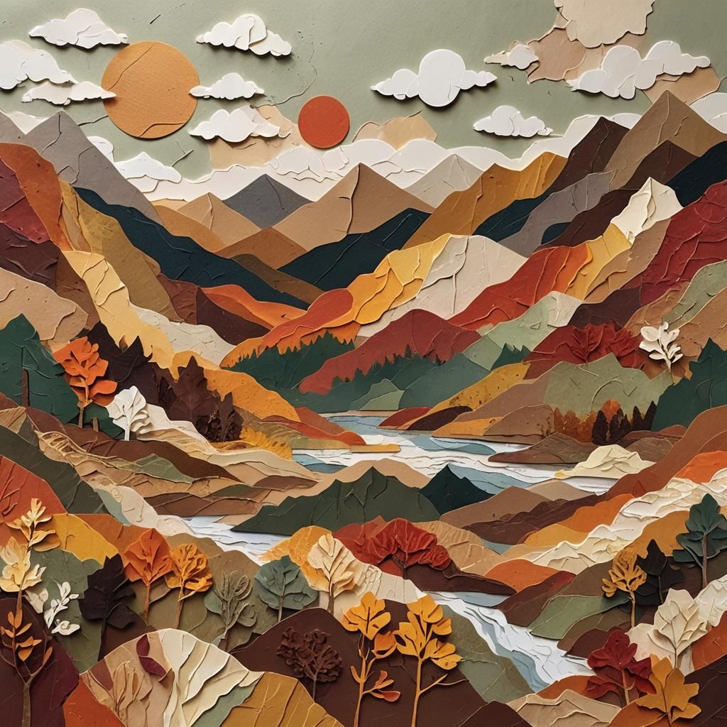 Autumn Mountain Landscape in Collage Art Style