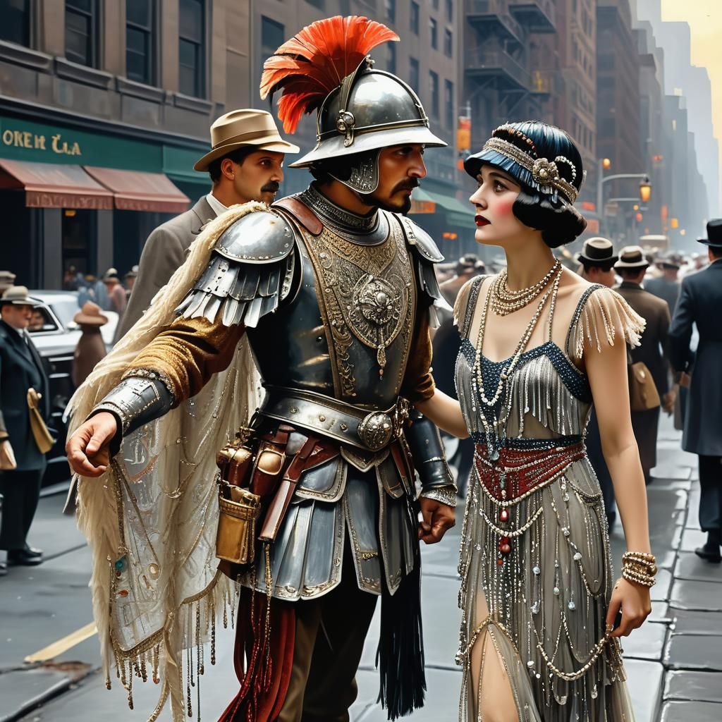 Conquistador and Flapper in Manhattan Painting