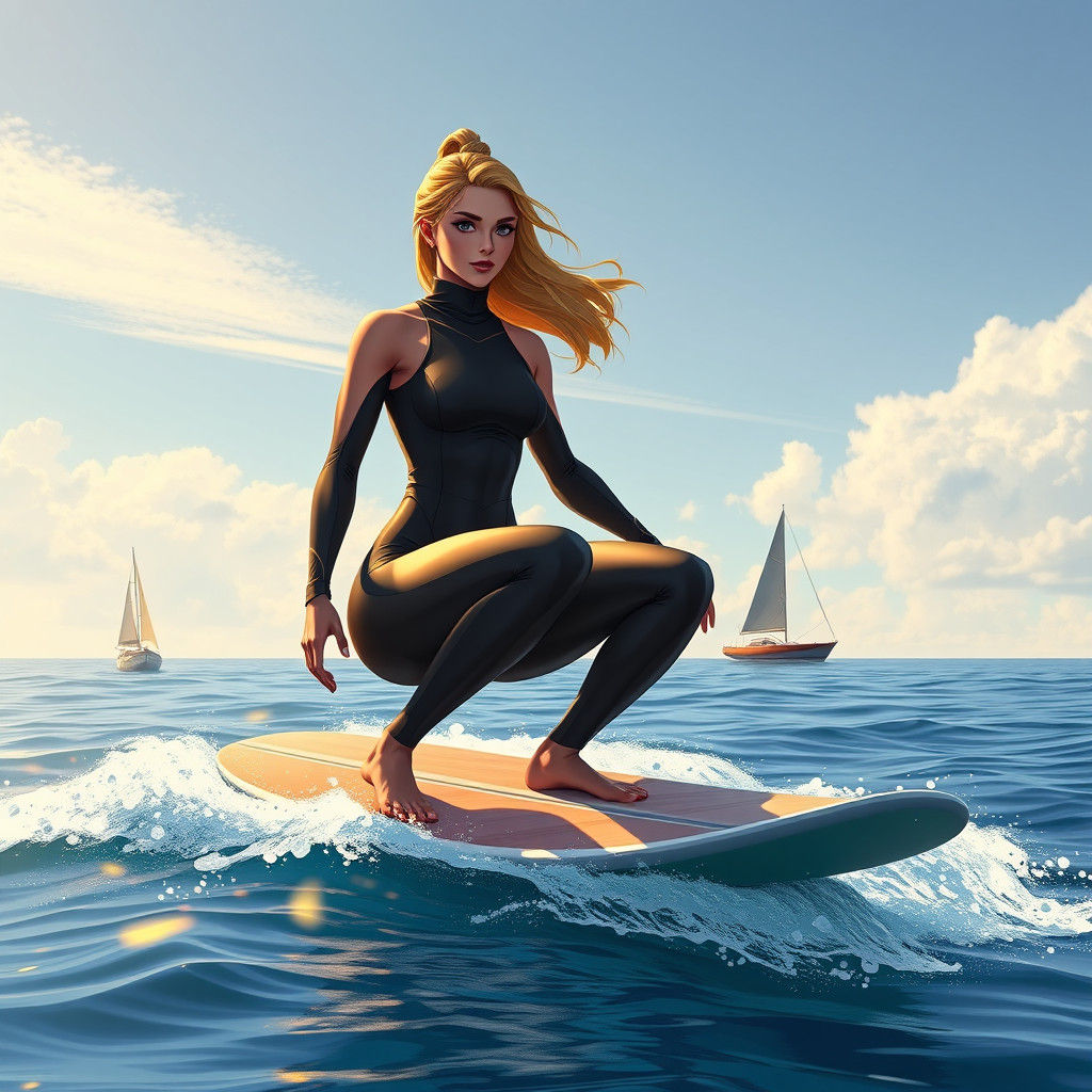 Colossal Surfer Girl in Anime Style on Ocean