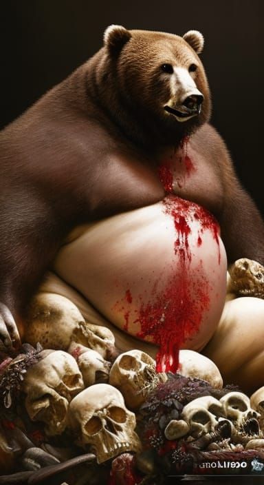 Bloody Bear in Skull Pile: Hyperrealistic Morbid Art