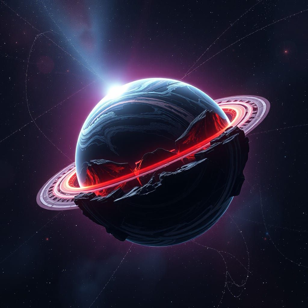 Surreal Cosmic Planet Suspended in Neon Iridescent Bubble