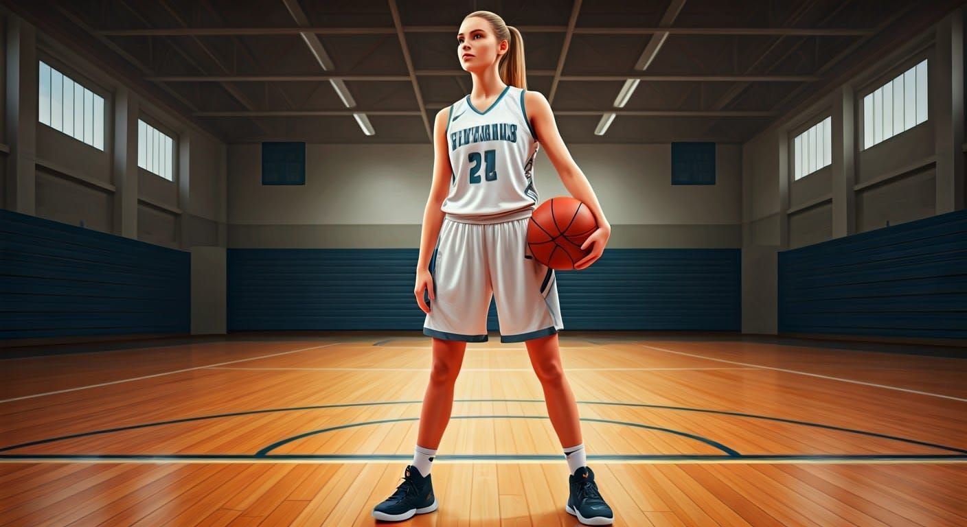 Athletic Girl on Basketball Court in Digital Painting Style