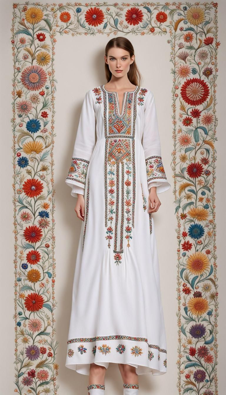 Embroidered White Tunic: Detailed Digital Rendering