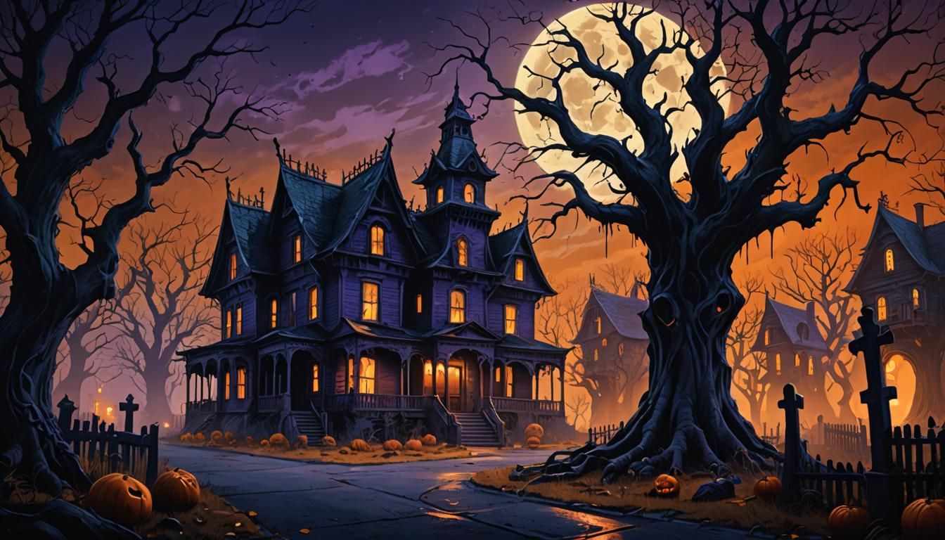Haunted House with Eerie Creatures in Dark Fantasy Style