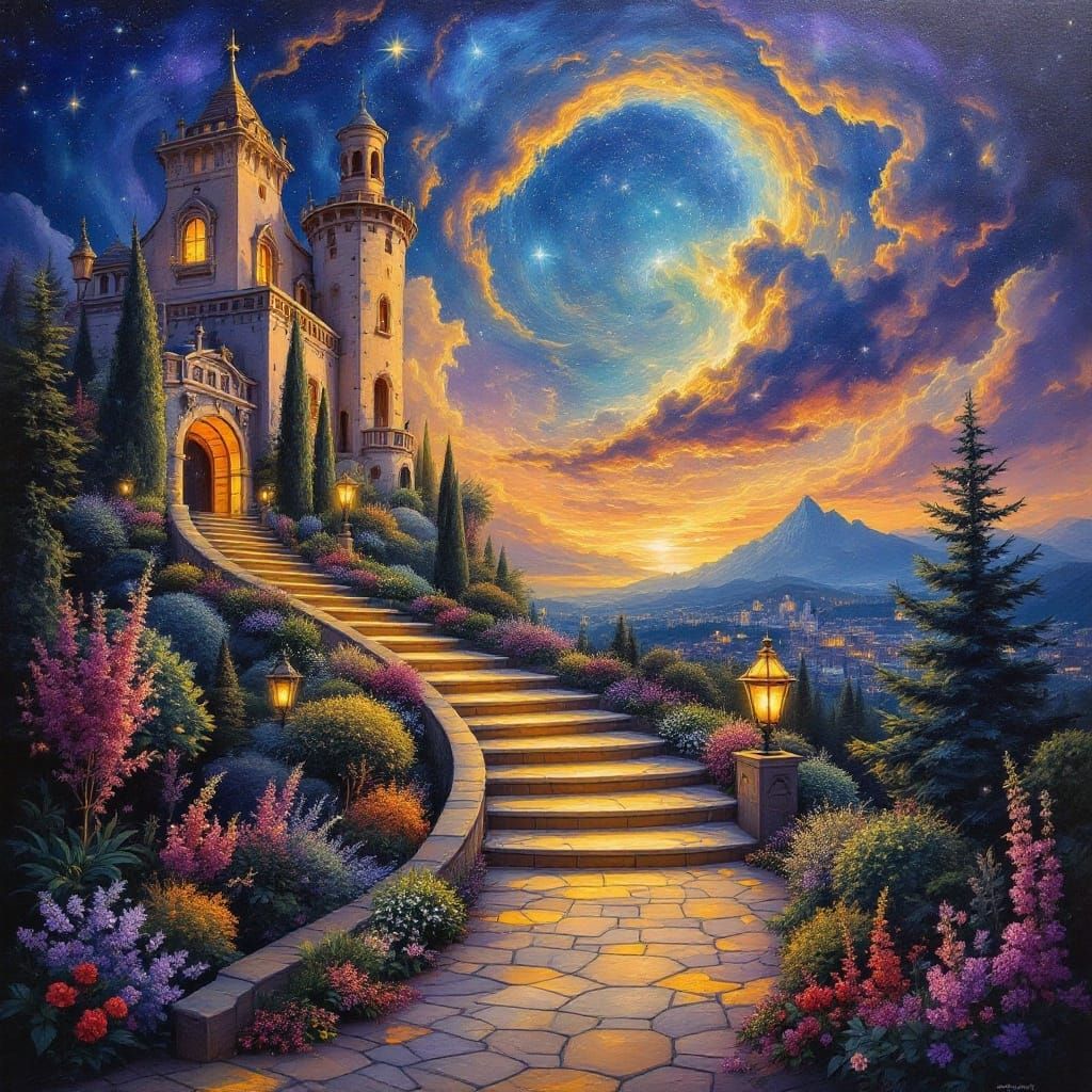 Surrealist Stairway to a Dreamy Cityscape