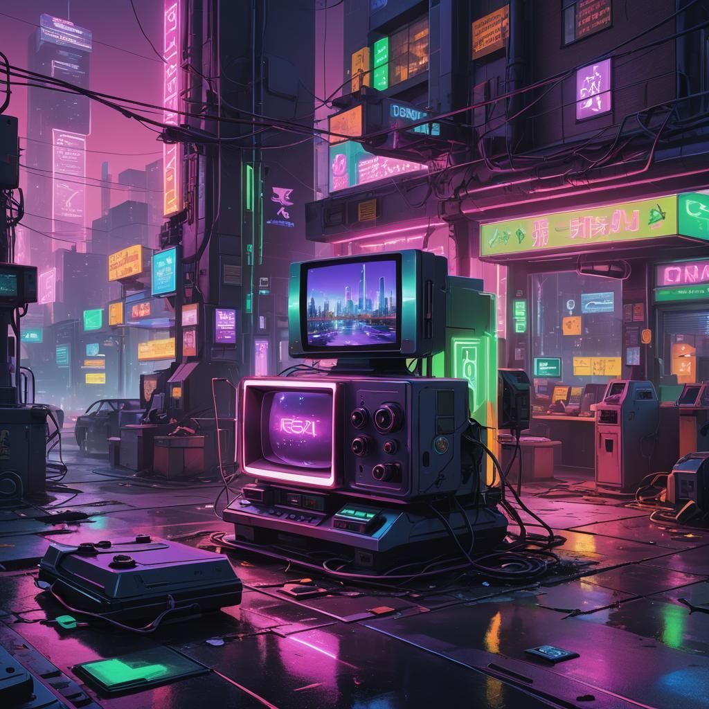 Neon PlayStation Console in Cyberpunk Cityscape